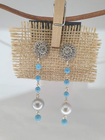 Pendientes fernandinos largos con turquesas y perlas tahiti